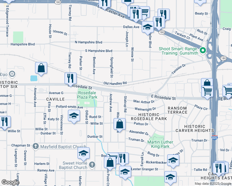 map of restaurants, bars, coffee shops, grocery stores, and more near 5420 East Rosedale Street in Fort Worth