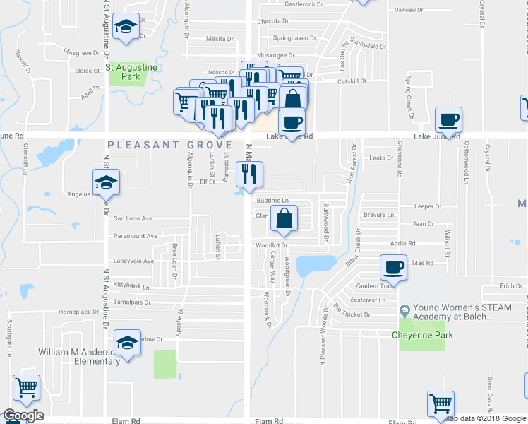 map of restaurants, bars, coffee shops, grocery stores, and more near 10215 Glen Vista Drive in Dallas