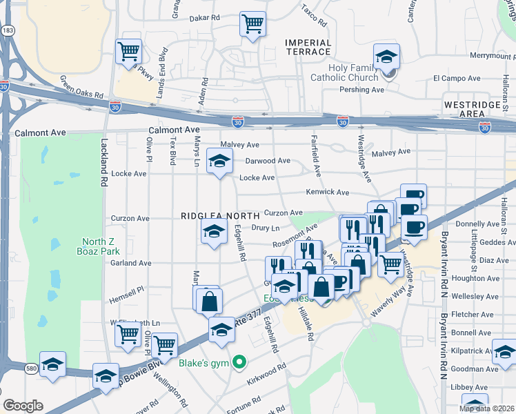 map of restaurants, bars, coffee shops, grocery stores, and more near 6428 Curzon Avenue in Fort Worth