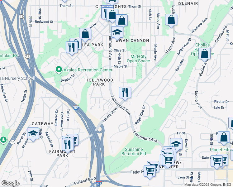 map of restaurants, bars, coffee shops, grocery stores, and more near 2430 44th Street in San Diego