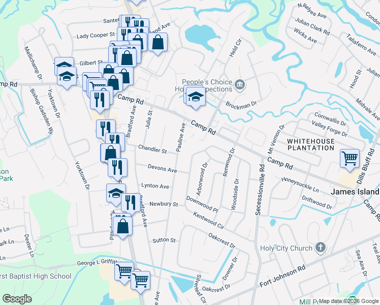 map of restaurants, bars, coffee shops, grocery stores, and more near 1464 Kentwood Circle in Charleston