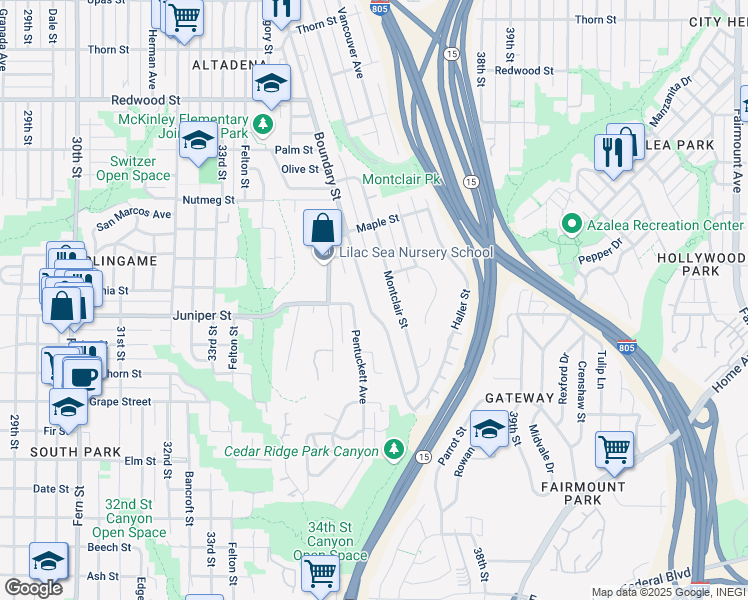 map of restaurants, bars, coffee shops, grocery stores, and more near 2327 Boundary Street in San Diego