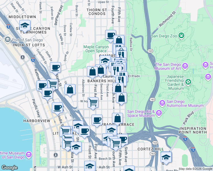 map of restaurants, bars, coffee shops, grocery stores, and more near in San Diego
