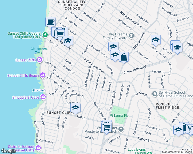 map of restaurants, bars, coffee shops, grocery stores, and more near 1265 Trieste Drive in San Diego