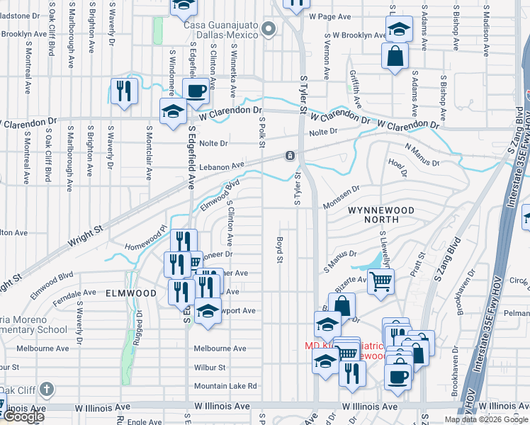 map of restaurants, bars, coffee shops, grocery stores, and more near 1602 South Polk Street in Dallas