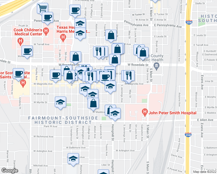 map of restaurants, bars, coffee shops, grocery stores, and more near 1308 Hemphill Street in Fort Worth