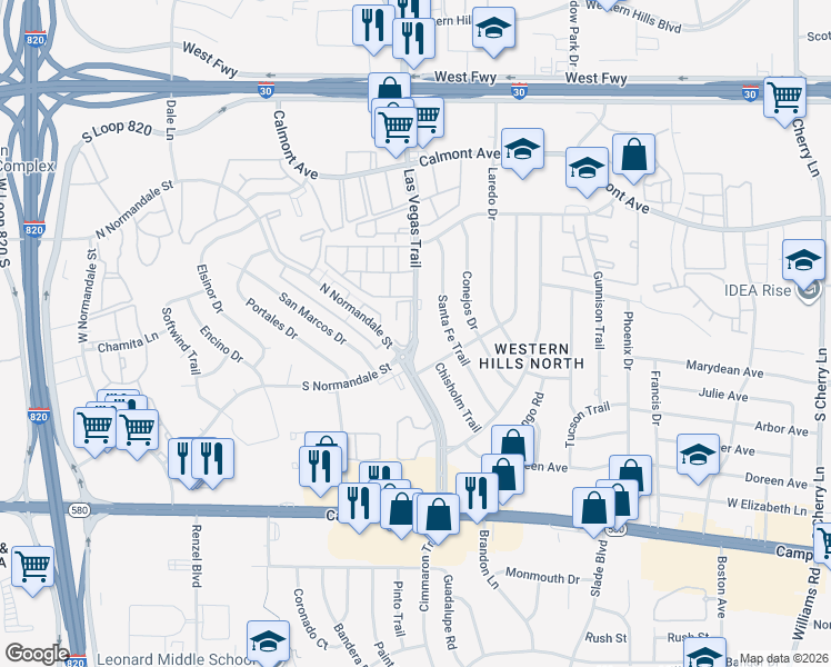 map of restaurants, bars, coffee shops, grocery stores, and more near 3088 Las Vegas Trail in Fort Worth