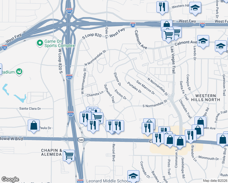map of restaurants, bars, coffee shops, grocery stores, and more near 2928 Encino Drive in Fort Worth