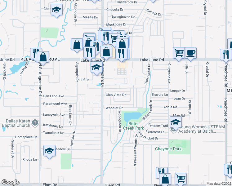 map of restaurants, bars, coffee shops, grocery stores, and more near 10307 Glen Vista Drive in Dallas
