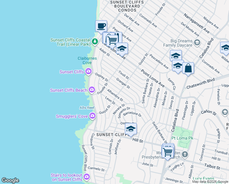 map of restaurants, bars, coffee shops, grocery stores, and more near 4545 Alhambra Street in San Diego