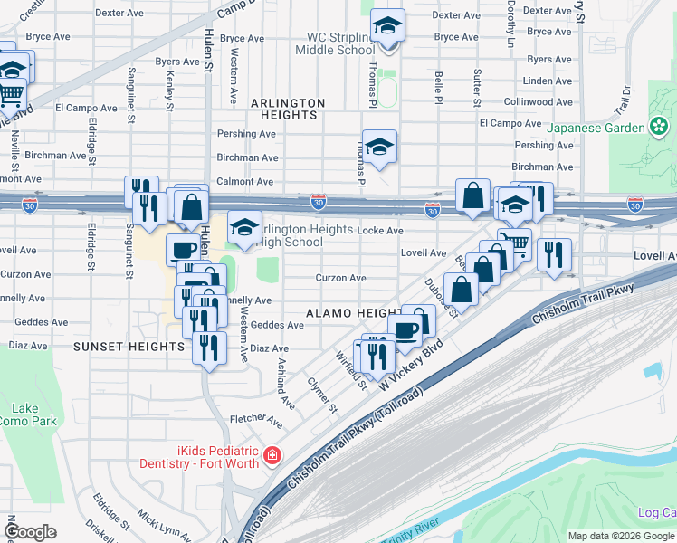 map of restaurants, bars, coffee shops, grocery stores, and more near 4220 Curzon Avenue in Fort Worth