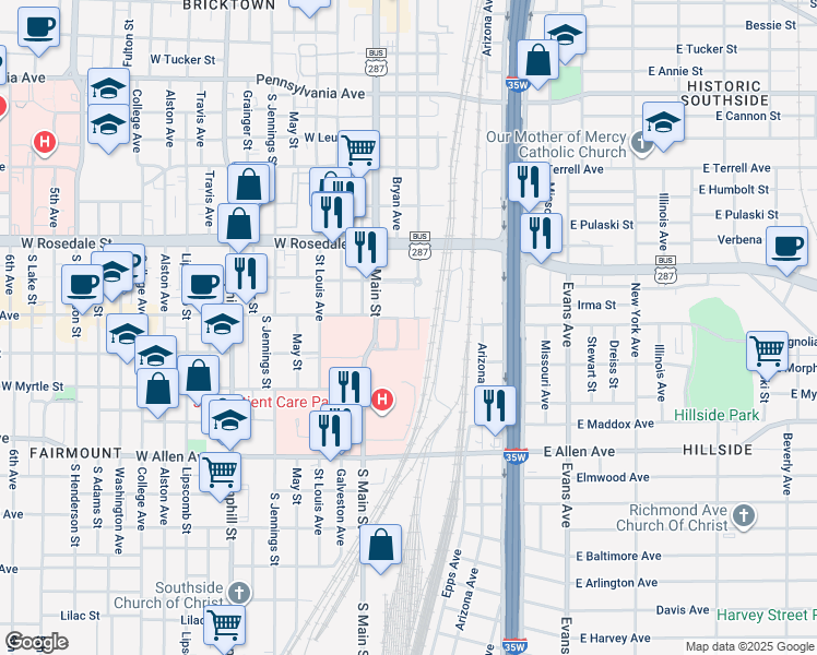 map of restaurants, bars, coffee shops, grocery stores, and more near 1308 Crawford Street in Fort Worth
