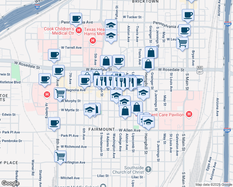 map of restaurants, bars, coffee shops, grocery stores, and more near 1315 College Avenue in Fort Worth