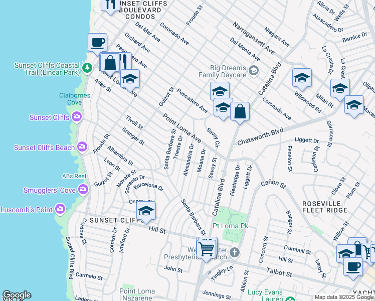map of restaurants, bars, coffee shops, grocery stores, and more near 1265 Trieste Drive in San Diego