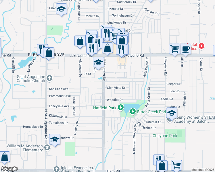 map of restaurants, bars, coffee shops, grocery stores, and more near 10207 Glen Vista Drive in Dallas