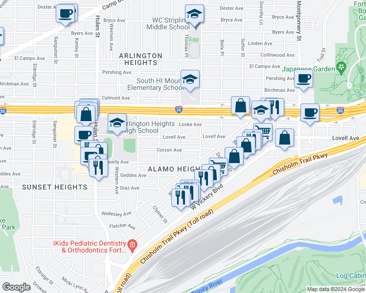 map of restaurants, bars, coffee shops, grocery stores, and more near 4132 Curzon Avenue in Fort Worth