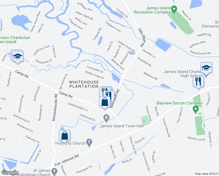 map of restaurants, bars, coffee shops, grocery stores, and more near 1261 Hampshire Road in Charleston
