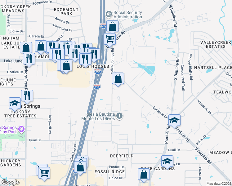map of restaurants, bars, coffee shops, grocery stores, and more near 2816 Balch Springs Road in Balch Springs