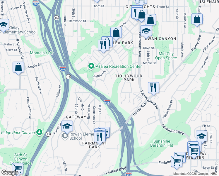 map of restaurants, bars, coffee shops, grocery stores, and more near 2331 Shamrock Street in San Diego
