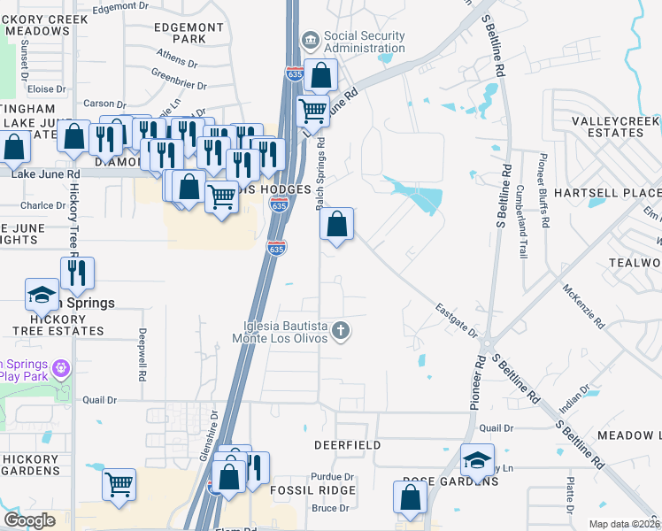 map of restaurants, bars, coffee shops, grocery stores, and more near 2816 Balch Springs Road in Balch Springs