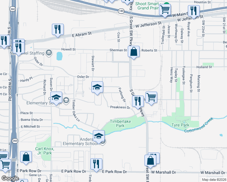 map of restaurants, bars, coffee shops, grocery stores, and more near 928 Bridle Bit Drive in Grand Prairie