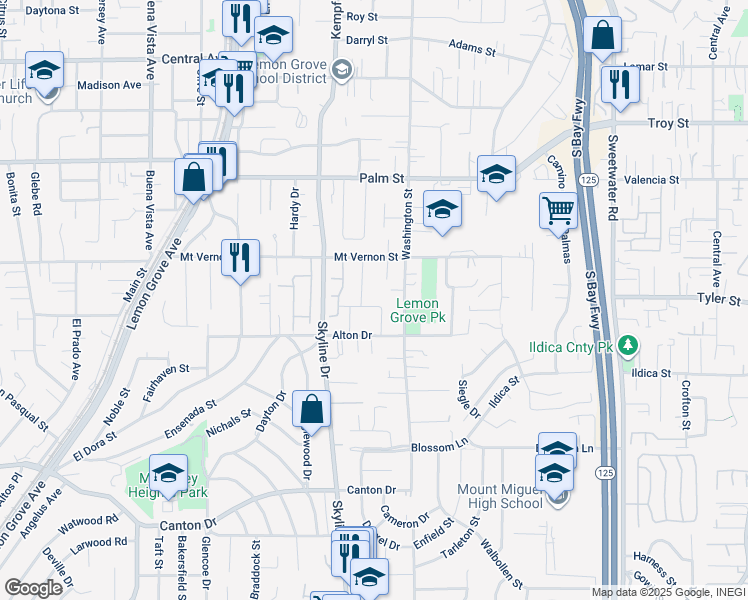map of restaurants, bars, coffee shops, grocery stores, and more near 8118 Mazer Street in Lemon Grove