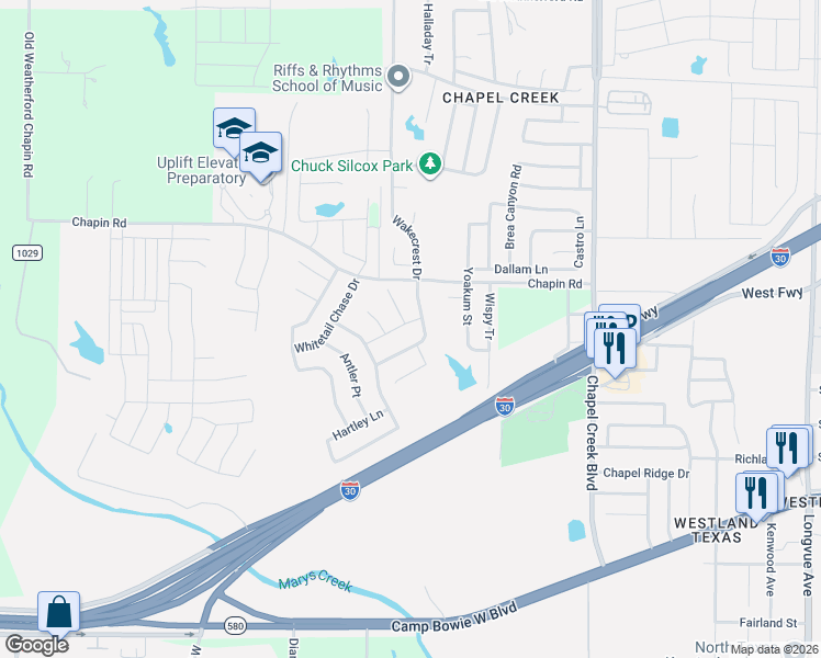 map of restaurants, bars, coffee shops, grocery stores, and more near 3016 Wakecrest Drive in Fort Worth
