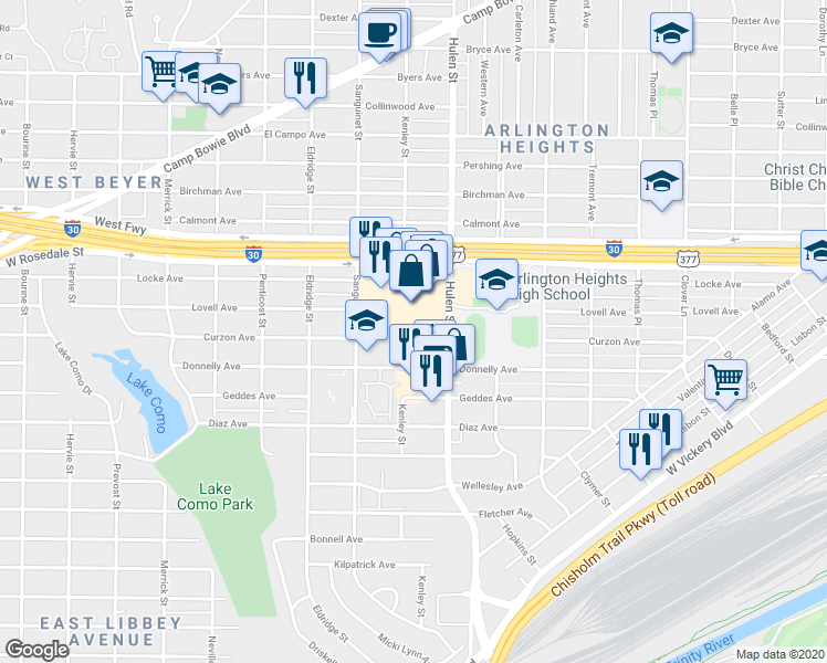 map of restaurants, bars, coffee shops, grocery stores, and more near 4651 West Freeway in Fort Worth