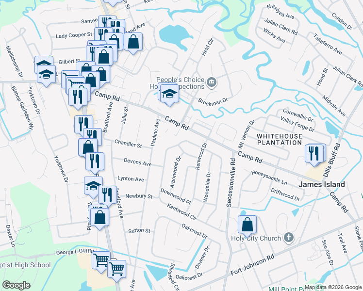 map of restaurants, bars, coffee shops, grocery stores, and more near 1444 Mellowood Place in Charleston