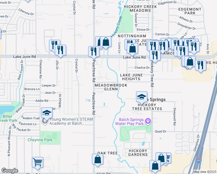 map of restaurants, bars, coffee shops, grocery stores, and more near 11516 Marriott Avenue in Balch Springs