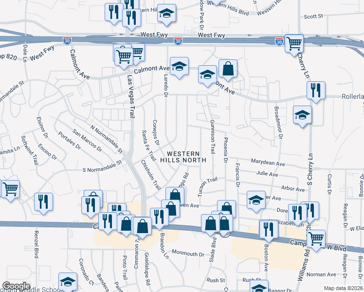 map of restaurants, bars, coffee shops, grocery stores, and more near 3109 Laredo Drive in Fort Worth