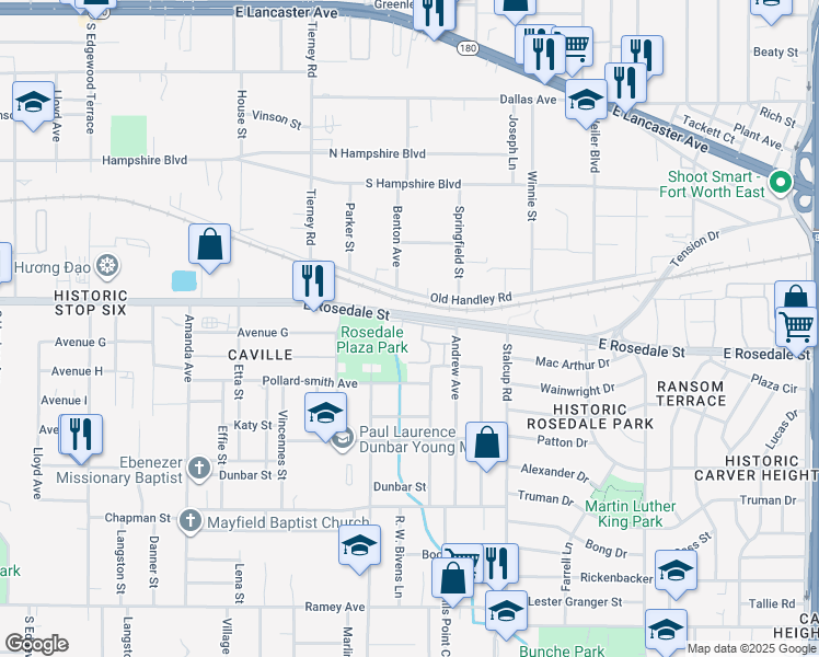 map of restaurants, bars, coffee shops, grocery stores, and more near 5320 East Rosedale Street in Fort Worth