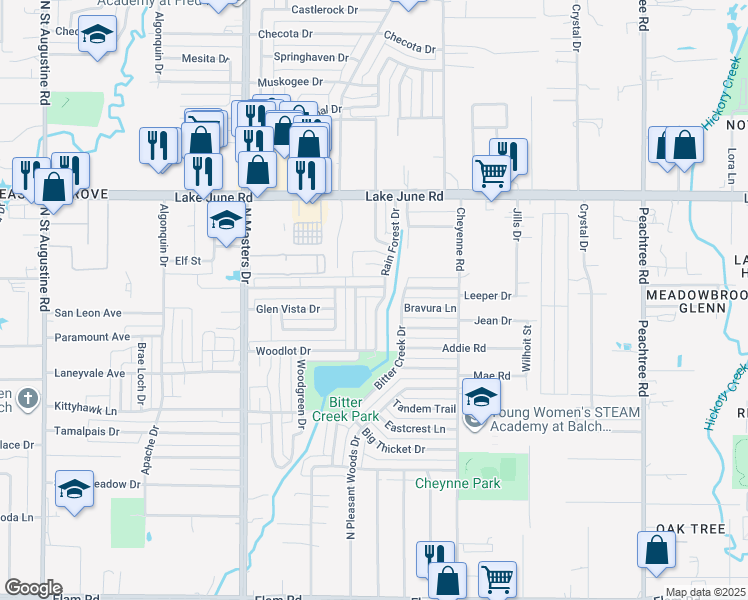 map of restaurants, bars, coffee shops, grocery stores, and more near 1043 Rain Forest Drive in Dallas