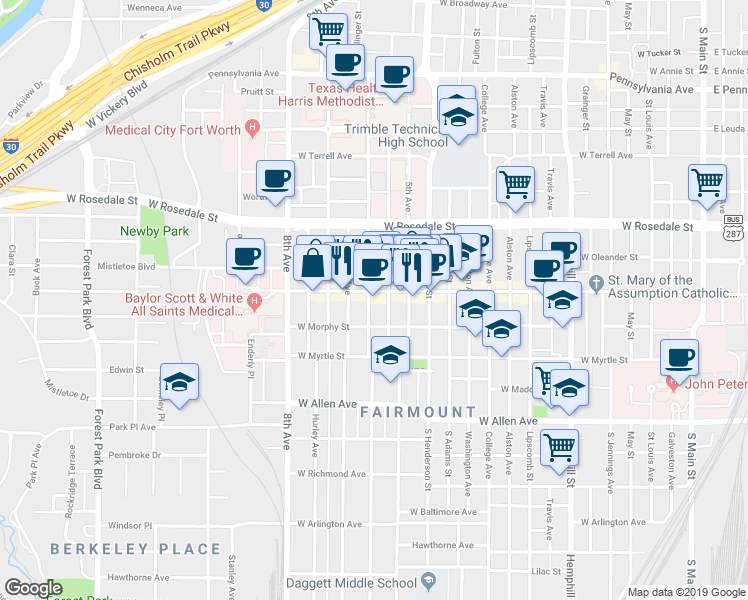 map of restaurants, bars, coffee shops, grocery stores, and more near 1311 West Magnolia Avenue in Fort Worth