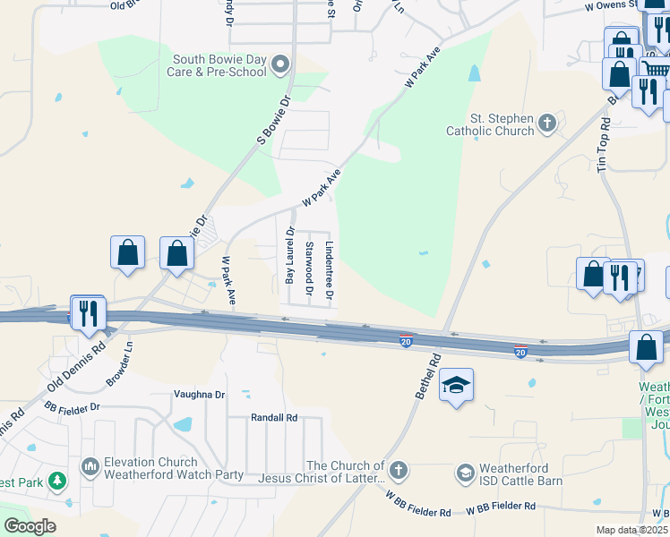 map of restaurants, bars, coffee shops, grocery stores, and more near 2001 Lindentree Drive in Weatherford