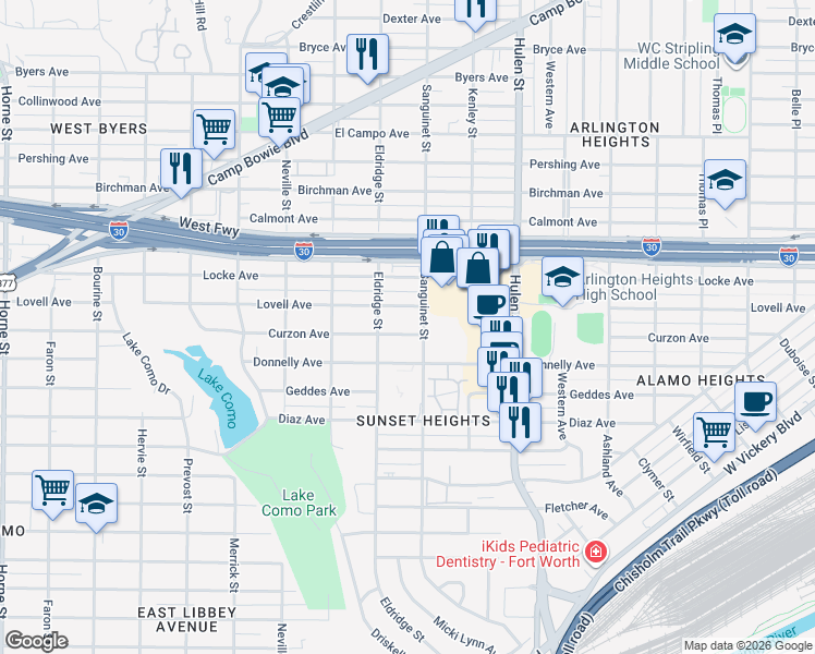 map of restaurants, bars, coffee shops, grocery stores, and more near 4817 Curzon Avenue in Fort Worth
