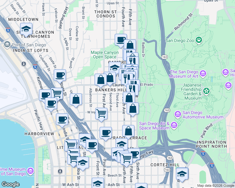 map of restaurants, bars, coffee shops, grocery stores, and more near 3rd Avenue & Kalmia Street in San Diego