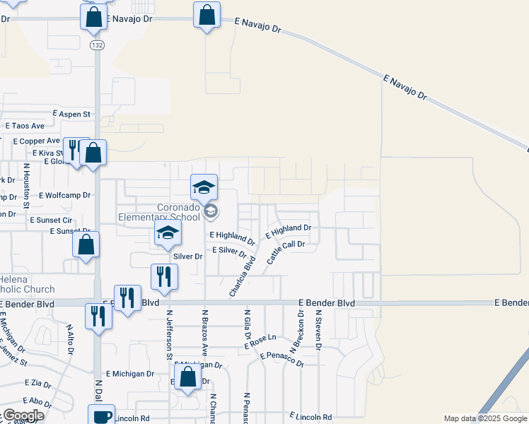 map of restaurants, bars, coffee shops, grocery stores, and more near 2612 Charlcia Boulevard in Hobbs