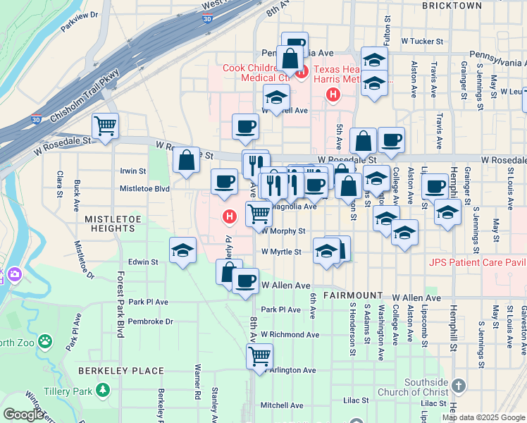 map of restaurants, bars, coffee shops, grocery stores, and more near 1315 Hurley Avenue in Fort Worth