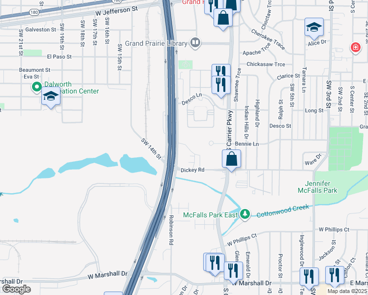 map of restaurants, bars, coffee shops, grocery stores, and more near 870 State Highway 161 in Grand Prairie