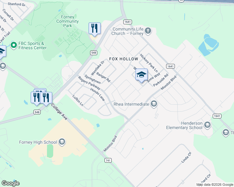 map of restaurants, bars, coffee shops, grocery stores, and more near 1123 Citabria Street in Forney