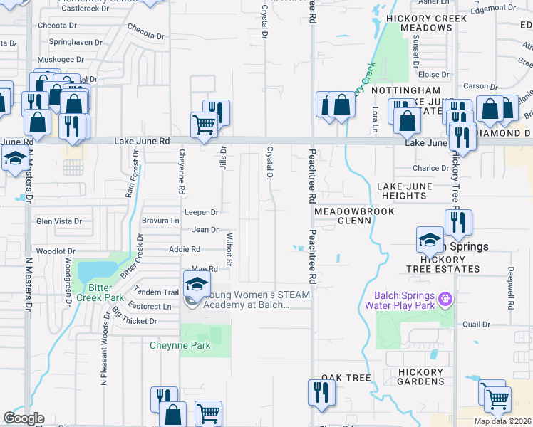 map of restaurants, bars, coffee shops, grocery stores, and more near 2800 Cottonwood Lane in Balch Springs