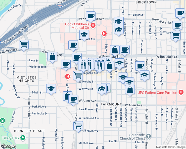 map of restaurants, bars, coffee shops, grocery stores, and more near 1315 Fairmount Avenue in Fort Worth