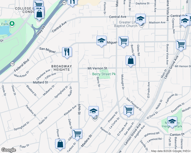 map of restaurants, bars, coffee shops, grocery stores, and more near 7020 Lerma's Court in Lemon Grove