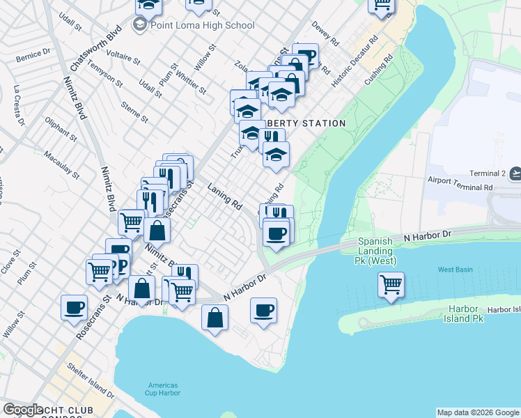map of restaurants, bars, coffee shops, grocery stores, and more near 2702 Laning Road in San Diego