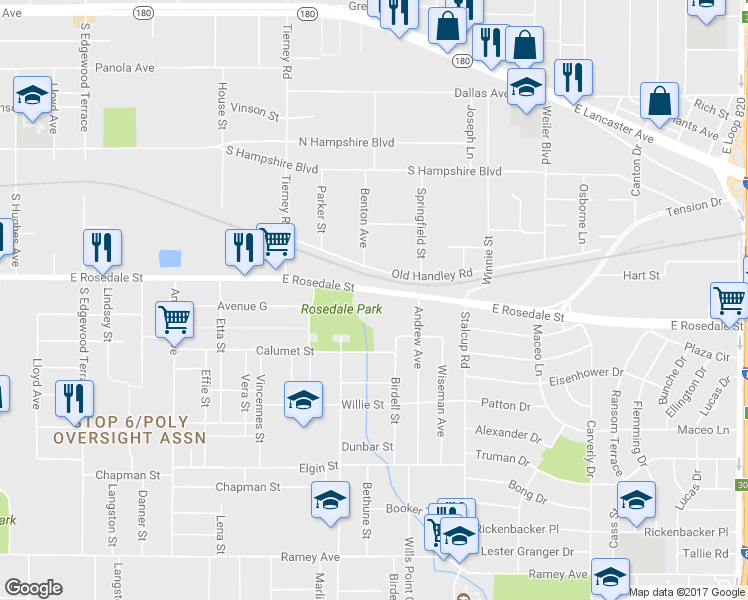 map of restaurants, bars, coffee shops, grocery stores, and more near 5386 East Rosedale Street in Fort Worth