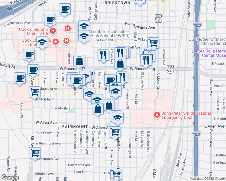 map of restaurants, bars, coffee shops, grocery stores, and more near 1308 Hemphill Street in Fort Worth