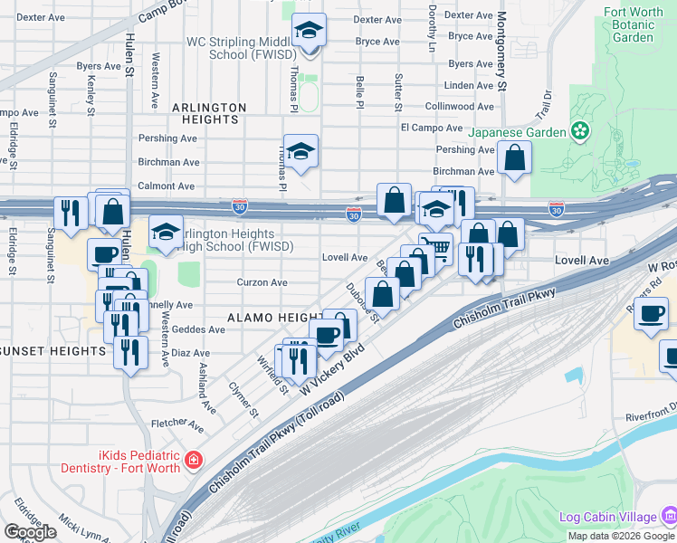 map of restaurants, bars, coffee shops, grocery stores, and more near 4025 Curzon Avenue in Fort Worth