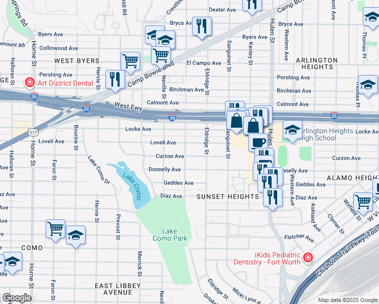 map of restaurants, bars, coffee shops, grocery stores, and more near 4939 Curzon Avenue in Fort Worth