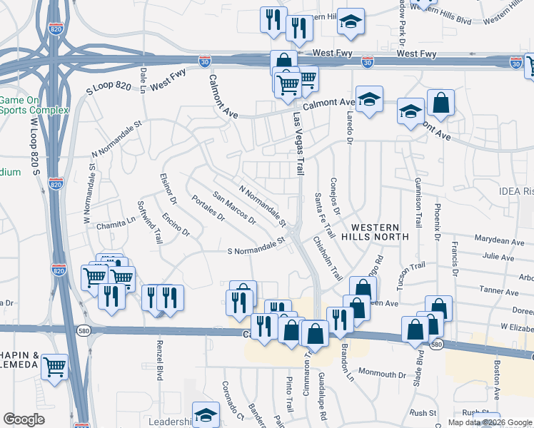 map of restaurants, bars, coffee shops, grocery stores, and more near 3041 San Marcos Drive in Fort Worth